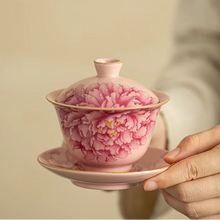 Load image into Gallery viewer, Handmade Ru Kiln Peony Gaiwan Tea Bowl with Lid for Traditional Tea Brewing
