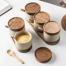 Load image into Gallery viewer, Retro Ceramic Seasoning Jar with Wooden Lid for Salt, Sugar, and Spices

