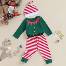Load image into Gallery viewer, Cozy Baby Christmas Romper Set with Striped Pants and Matching Hat
