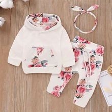 Load image into Gallery viewer, Baby Girl 3-Piece Floral Hoodie Set with Pants and Bow Headband
