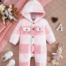 Load image into Gallery viewer, Cozy Plaid Hooded Plush Romper for Baby Boys and Girls
