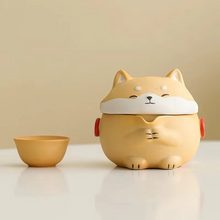 Load image into Gallery viewer, Portable Ceramic Travel Tea Set with Shiba Inu Design
