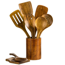 Load image into Gallery viewer, 9 Piece Teak Wooden Cooking Utensil Set with Holder
