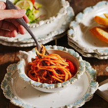Load image into Gallery viewer, Vintage Blue Ceramic Deep Plate with Leaf Pattern for Pasta Desserts and Everyday Dining
