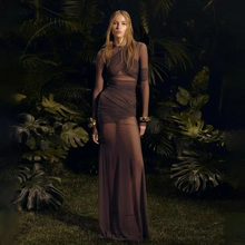 Load image into Gallery viewer, Pleated Sheer Long Sleeve Slim Mesh Dress – Elegant Ruched Evening Gown
