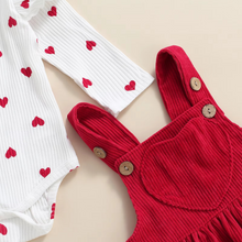 Load image into Gallery viewer, Baby Girl Heart Print Suspender Skirt and Long Sleeve Romper Set

