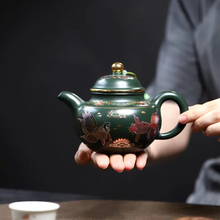 Load image into Gallery viewer, Handmade Yixing Purple Clay Teapot with Enamel Goldfish Design, 13.5 fl oz
