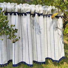 Load image into Gallery viewer, Blue Striped Cotton Linen Short Curtains with Tassel Detailing for Kitchen and Café Windows
