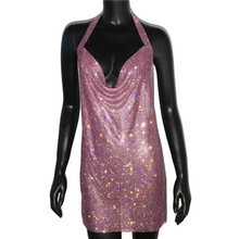 Load image into Gallery viewer, Luxury Crystal Rhinestone Sequin Mini Dress for Women Backless Halter Slit Metal Mesh Cocktail and Evening Dress
