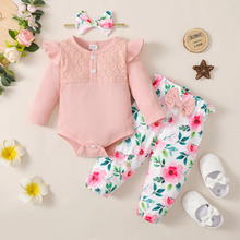 Load image into Gallery viewer, Baby Girl 3 Piece Outfit Set, Long Sleeve Romper, Floral Pants, and Matching Headband for Spring and Fall

