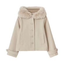 Load image into Gallery viewer, Elegant Wool Blend Hooded Women’s Coat with Detachable Fur Collar and Pockets

