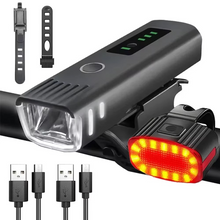 Load image into Gallery viewer, USB Rechargeable Bike Front and Rear Light Set with LED Headlamp for Night Cycling
