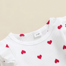 Load image into Gallery viewer, Baby Girl Heart Print Suspender Skirt and Long Sleeve Romper Set
