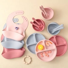 Load image into Gallery viewer, Complete Silicone Baby Dining Set: Plate, Bowl, Bib, Cup, and Utensils
