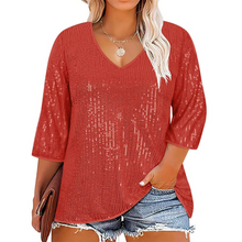 Load image into Gallery viewer, Plus Size Sequin V-Neck Long Sleeve Crop Top for Women - Loose Fit Autumn Winter Street Style
