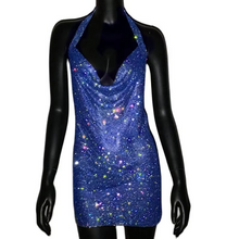 Load image into Gallery viewer, Luxury Crystal Rhinestone Sequin Mini Dress for Women Backless Halter Slit Metal Mesh Cocktail and Evening Dress
