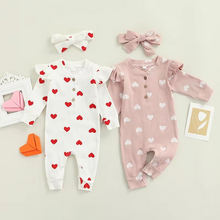 Load image into Gallery viewer, Baby Girl Valentine’s Day Ruffle Ribbed Romper with Headband
