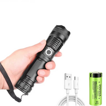 Load image into Gallery viewer, High-Power LED Tactical Flashlight, USB Rechargeable, Zoomable Beam, 5 Light Modes, Waterproof, Fits 26650 Battery
