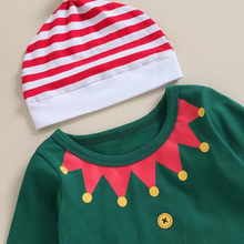 Load image into Gallery viewer, Cozy Baby Christmas Romper Set with Striped Pants and Matching Hat
