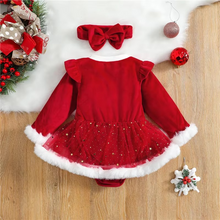 Load image into Gallery viewer, Baby Girls Christmas Outfit Set, Plush Patchwork Long Sleeve Romper with Star Tulle Skirt and Hairband
