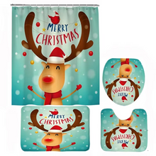 Load image into Gallery viewer, Christmas Bathroom Set with Shower Curtain, Non-Slip Bath Mat, Toilet Lid Cover, and Rug – Santa, Bear, and Snowman Winter Design
