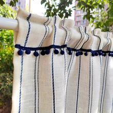 Load image into Gallery viewer, Blue Striped Cotton Linen Short Curtains with Tassel Detailing for Kitchen and Café Windows
