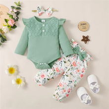 Load image into Gallery viewer, Baby Girl 3 Piece Outfit Set, Long Sleeve Romper, Floral Pants, and Matching Headband for Spring and Fall
