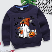 Load image into Gallery viewer, Cozy Halloween Sweatshirt for Kids with Ghost Pumpkin and Bat Design
