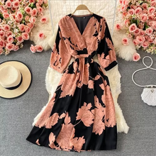 Load image into Gallery viewer, Chic Floral V-Neck Chiffon Summer Dress with Puff Sleeves – Mid Length Empire Waist
