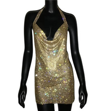 Load image into Gallery viewer, Luxury Crystal Rhinestone Sequin Mini Dress for Women Backless Halter Slit Metal Mesh Cocktail and Evening Dress
