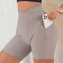Load image into Gallery viewer, Women's Crossover Workout Shorts Yoga and Fitness Bottoms Casual Comfort Denim Look

