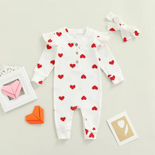 Load image into Gallery viewer, Baby Girl Valentine’s Day Ruffle Ribbed Romper with Headband
