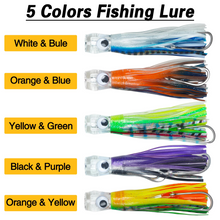 Load image into Gallery viewer, 5pcs Rigged Trolling Skirt Tuna Lures for Mahi, Marlin, Shark, and Wahoo – Big Game Saltwater Fishing Lures
