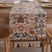 Load image into Gallery viewer, Vintage Floral Bird Jacquard Table Runner with Tasselled Edges

