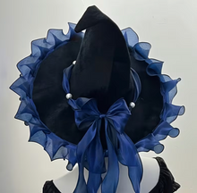 Load image into Gallery viewer, Woven Witch Hat with Pointed Cone and Bow Trim in Four Bow Colors
