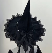 Load image into Gallery viewer, Woven Witch Hat with Pointed Cone and Bow Trim in Four Bow Colors

