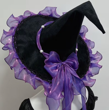 Load image into Gallery viewer, Woven Witch Hat with Pointed Cone and Bow Trim in Four Bow Colors
