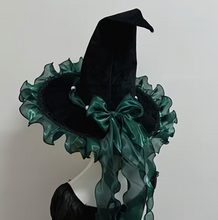 Load image into Gallery viewer, Woven Witch Hat with Pointed Cone and Bow Trim in Four Bow Colors
