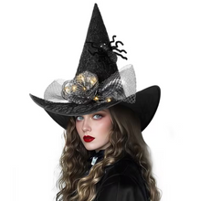 Load image into Gallery viewer, Light Up Witch Hat with Spider Web Pattern and Rose Accents in Five Styles
