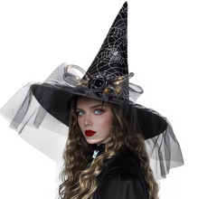 Load image into Gallery viewer, Light Up Witch Hat with Spider Web Pattern and Rose Accents in Five Styles
