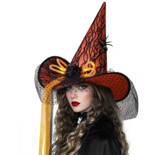Load image into Gallery viewer, Light Up Witch Hat with Spider Web Pattern and Rose Accents in Five Styles
