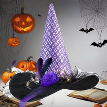 Load image into Gallery viewer, Light Up Witch Hat with Spider Web Pattern and Rose Accents in Five Styles
