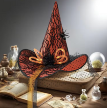 Load image into Gallery viewer, Light Up Witch Hat with Spider Web Pattern and Rose Accents in Five Styles
