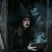Load image into Gallery viewer, Black Witch Hat with Glitter Star Veil and Wide Brim Pointed Cone Design
