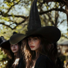 Load image into Gallery viewer, Black Witch Hat with Glitter Star Veil and Wide Brim Pointed Cone Design
