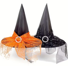 Load image into Gallery viewer, Pointed Tulle Witch Hat Set with Lace Trim, One Black and One Orange Hat
