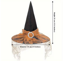 Load image into Gallery viewer, Pointed Tulle Witch Hat Set with Lace Trim, One Black and One Orange Hat

