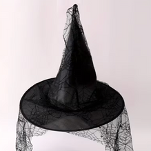 Load image into Gallery viewer, Black Mesh Lace Witch Hat with Pointed Cone and Wide Circular Brim, Adult Size
