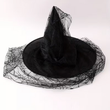 Load image into Gallery viewer, Black Mesh Lace Witch Hat with Pointed Cone and Wide Circular Brim, Adult Size
