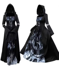 Load image into Gallery viewer, Black Witch Dress with Bell Sleeves and Fitted Waist
